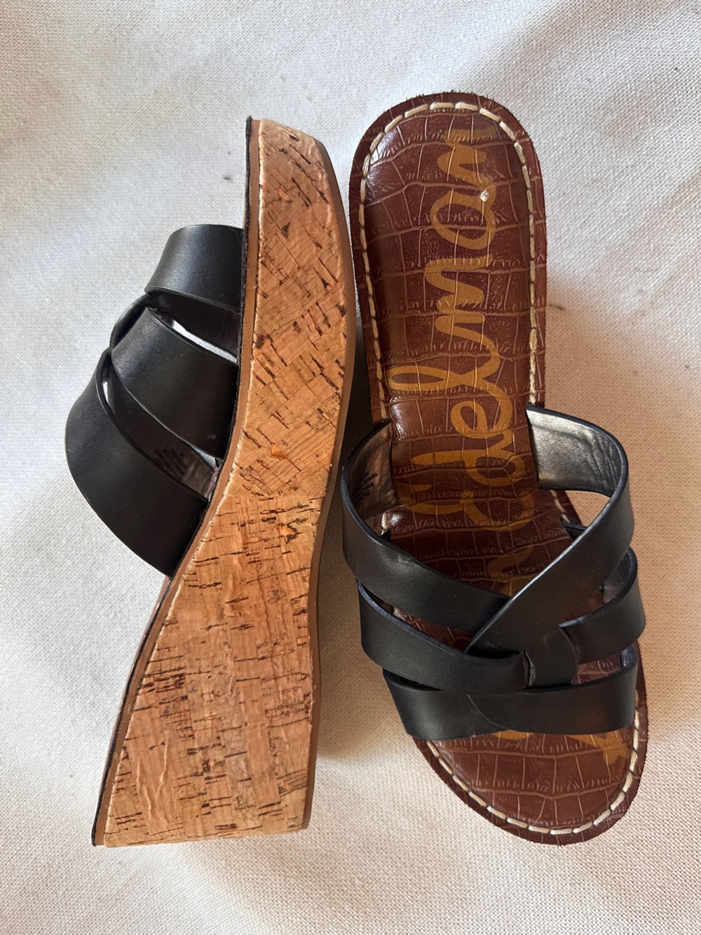 SAM EDELMAN Raynere Black Leather Cork Wedge Platform Sandals Slide | 9 NWOB - Picture 8 of 10
